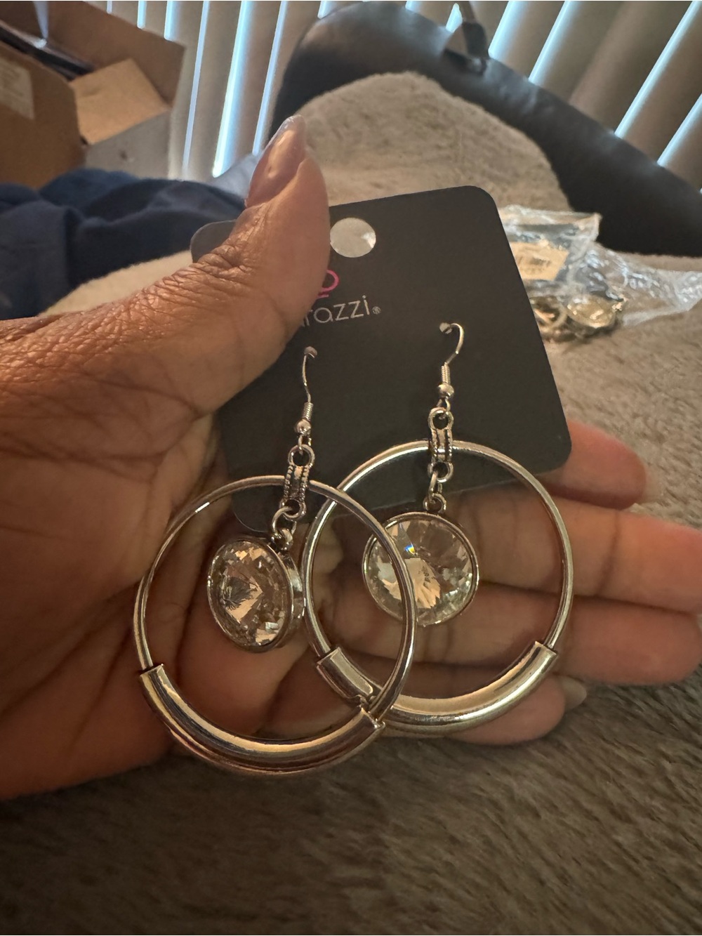 Silver Hoop Drop Earrings with Clear Crystal